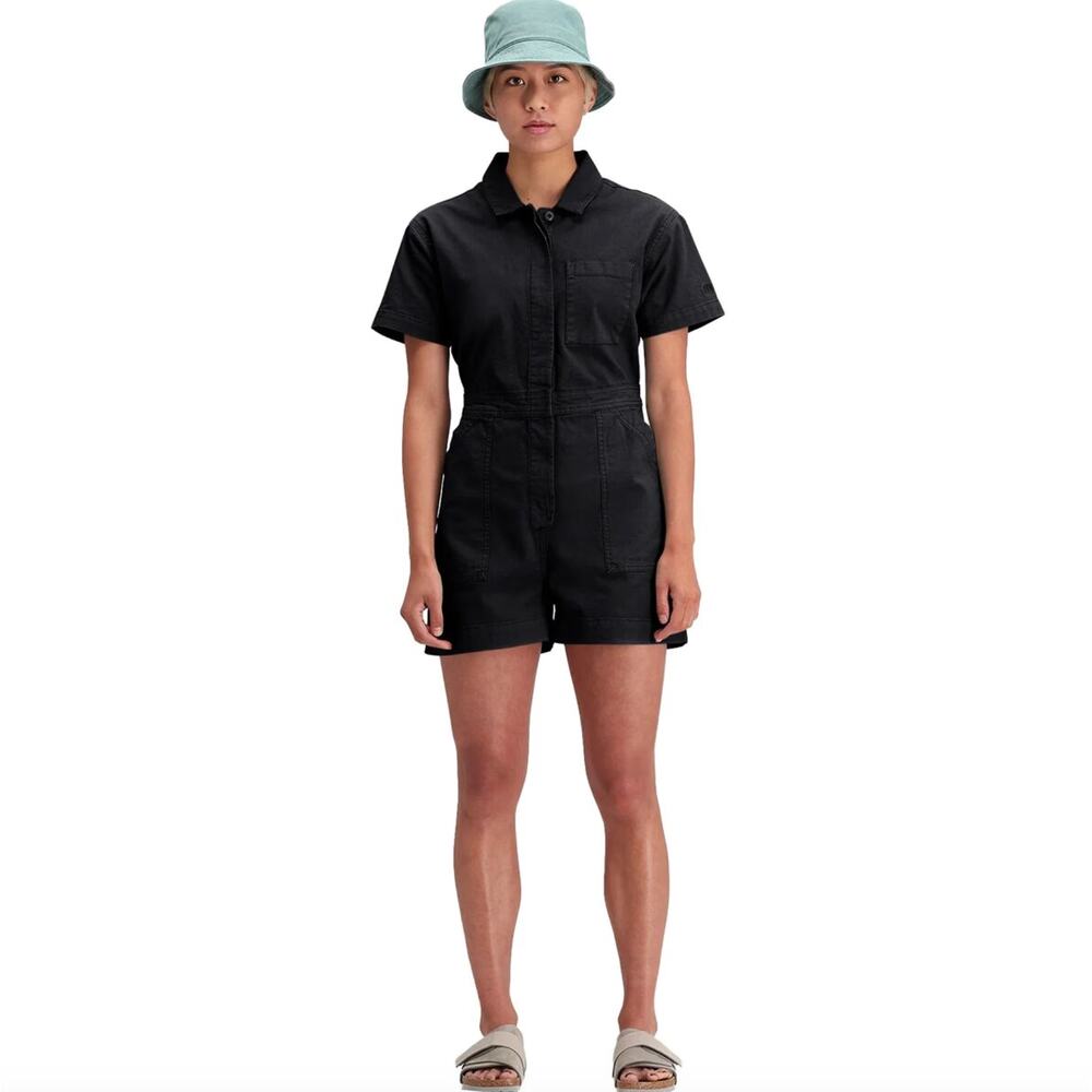 Topo Designs Sustainably Made Dirt Short Coverall Romper in Black, Size Small